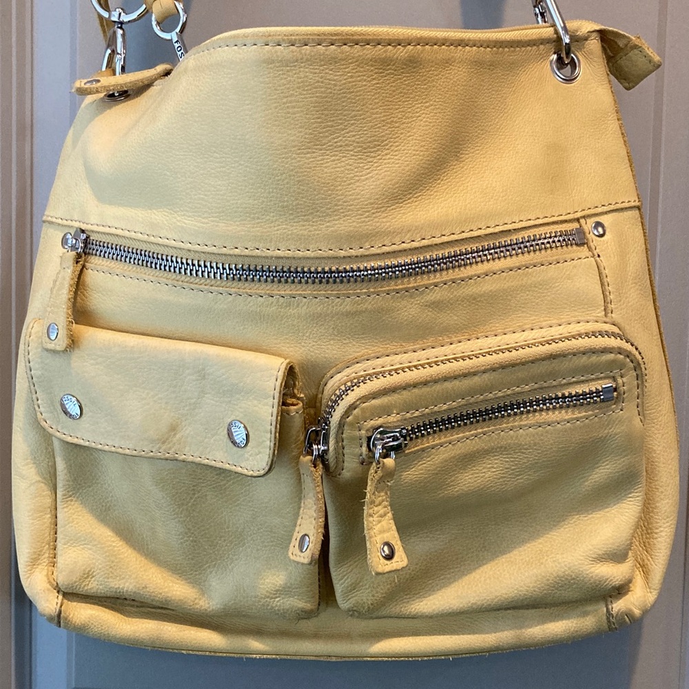 Fossil Yellow Leather Shoulder Bag with Multiple Zip Pockets